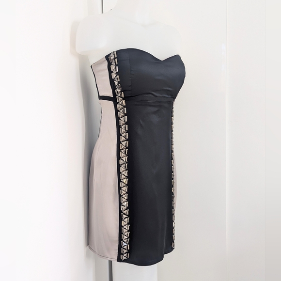 STELLA & JAMIE Color-Block Silk Strapless Mini Dress, Metallic Beading; Size M - Picture 2 of 15